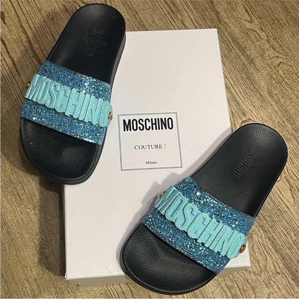 Moschino Blue and Black Slide Sandals